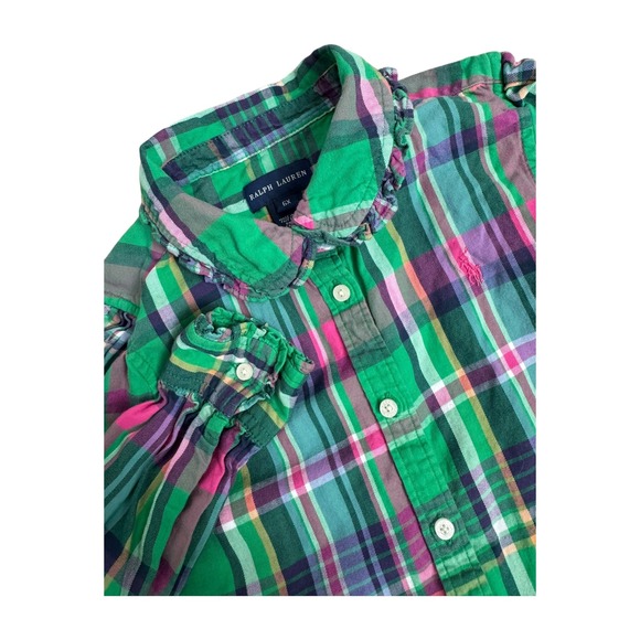 Ralph Lauren Girl's Plaid Ruffle Long Sleeve Flannel Button Up Shirt Green 6X - Picture 1 of 6